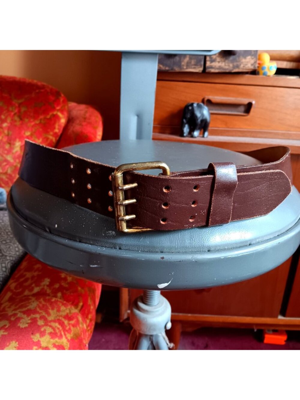 True Vintage Belt XL 42-44 Hippy Brown Leather Brass Buckle Buffalo Cowhide 70's